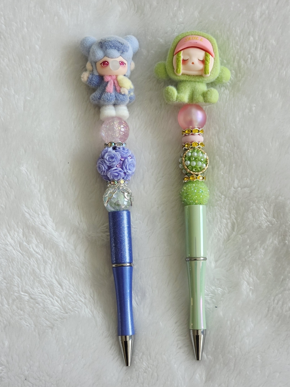 Skull Panda Cute Plush Top Decorative Ballpoint Pen - Blue and Green Pen Set